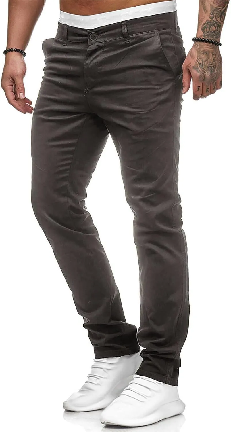 Men's Stretch Dress Pants Slim Fit Skinny Suit Pants Flat Front Chino Pant Elastic Waist Lightweight Pant w/Pockets