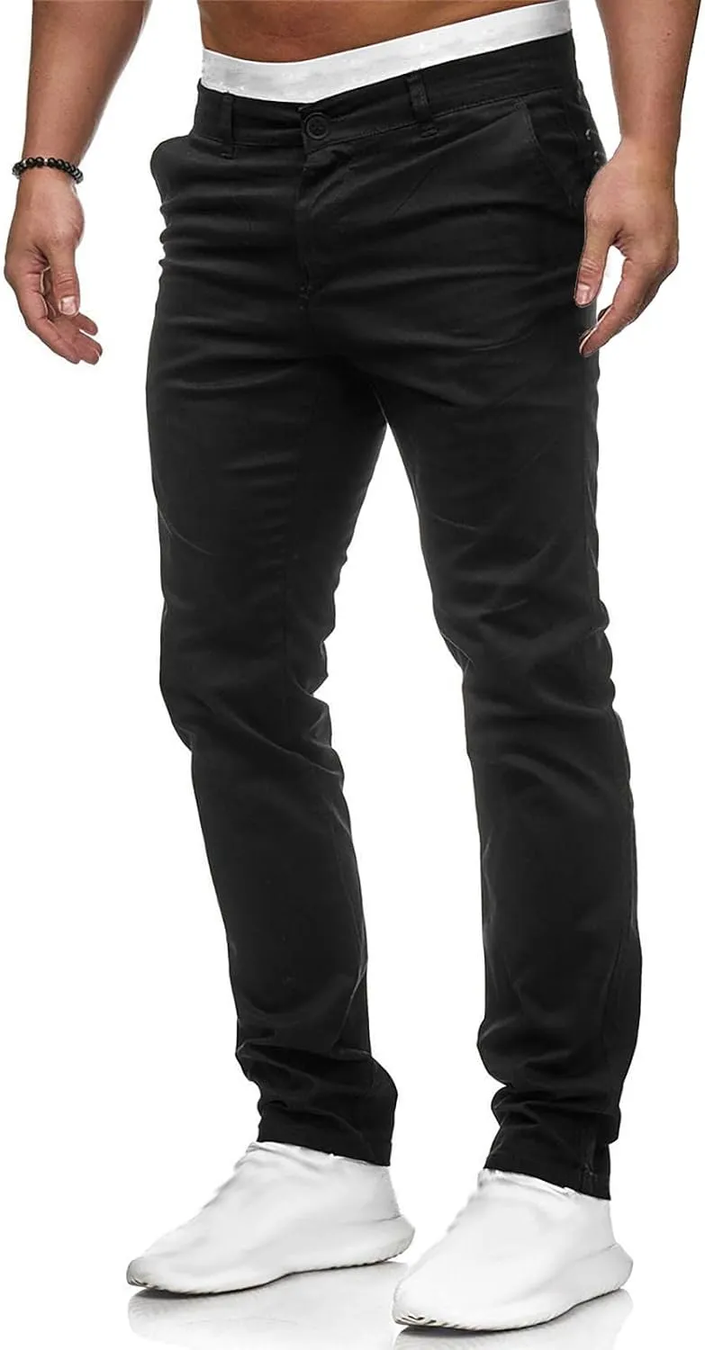 Men's Stretch Dress Pants Slim Fit Skinny Suit Pants Flat Front Chino Pant Elastic Waist Lightweight Pant w/Pockets