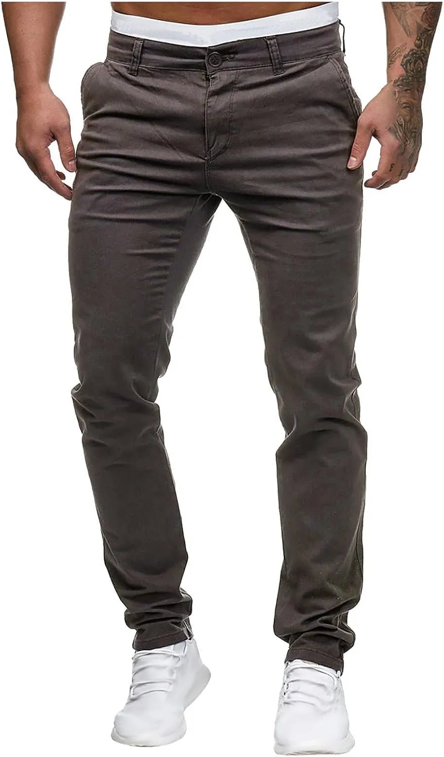 Men's Stretch Dress Pants Slim Fit Skinny Suit Pants Flat Front Chino Pant Elastic Waist Lightweight Pant w/Pockets