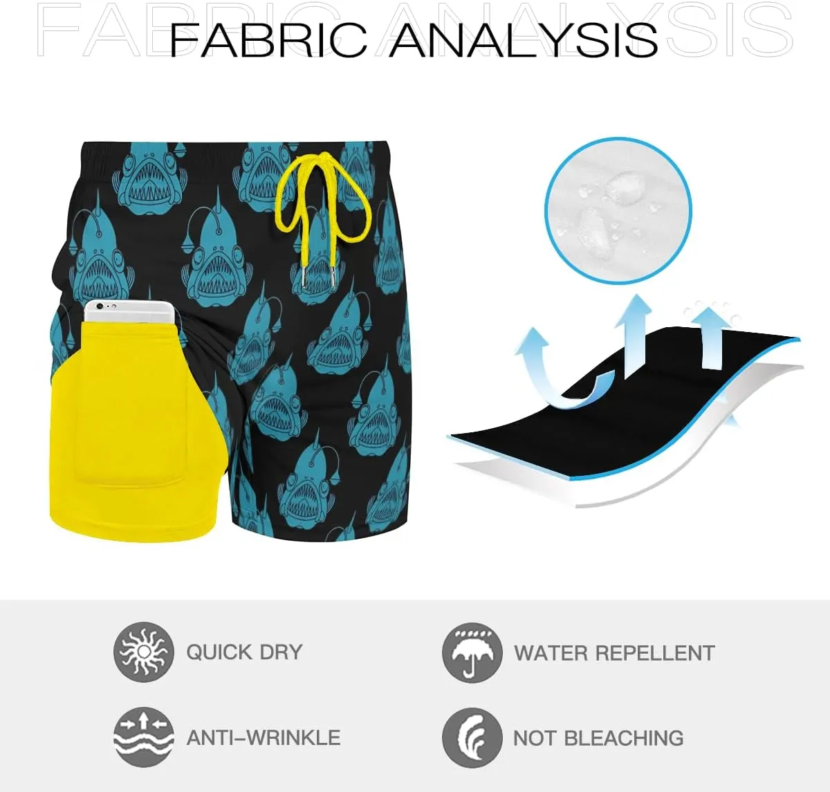 Men's Stretchy Elastic Waist Trunks Anglerfish Pattern Swim Trunks Vacation Travel Outdoor Sports Fitness