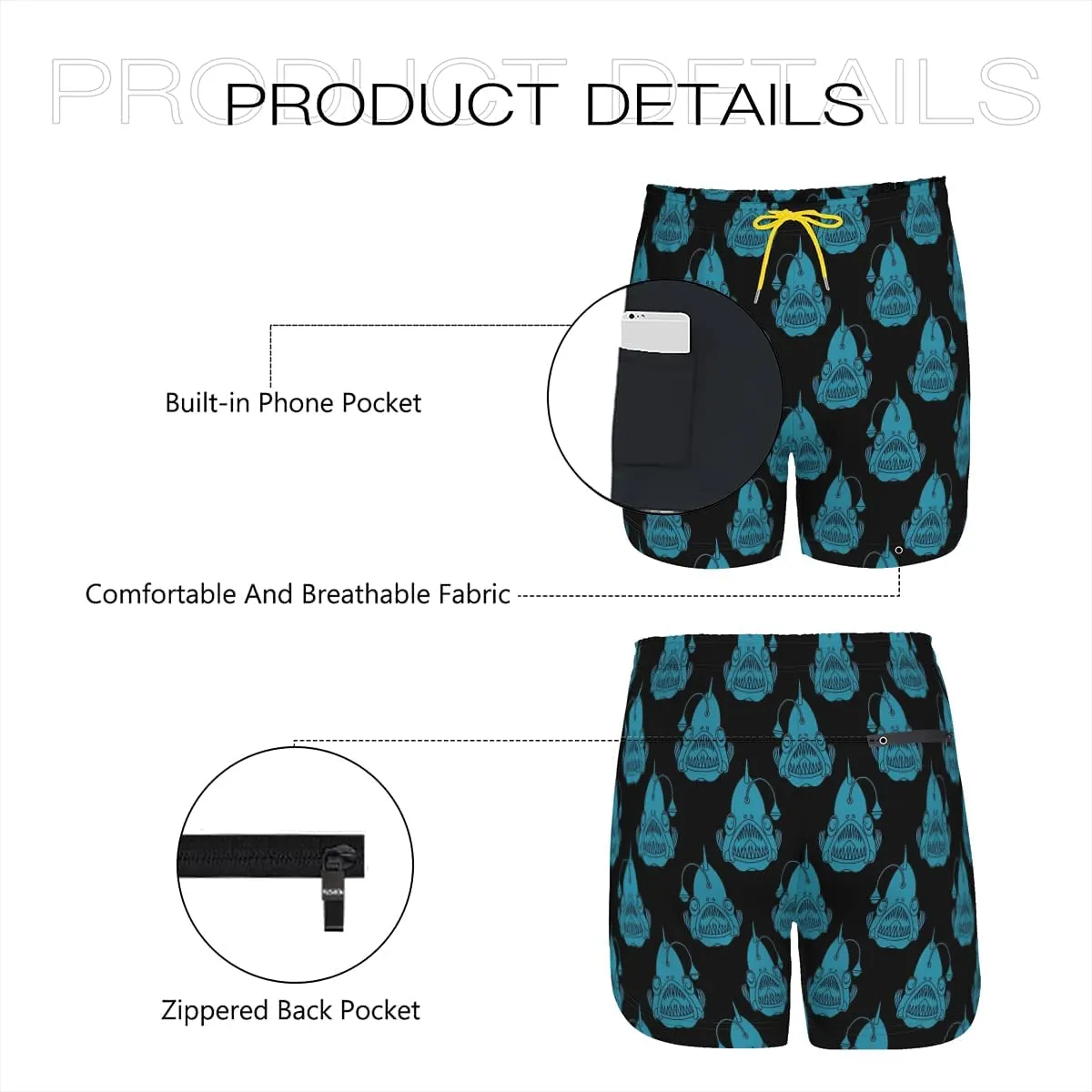 Men's Stretchy Elastic Waist Trunks Anglerfish Pattern Swim Trunks Vacation Travel Outdoor Sports Fitness