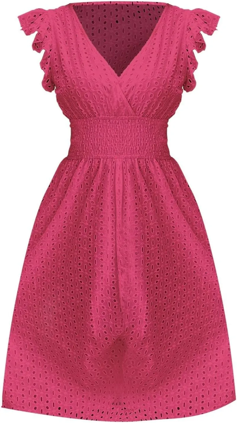 Midi Dresses for Women 2025 Wrap V Neck Lace Ruffle Sleeve Boho Dress Empire Waist Swing Flowy Beach Casual Dresses