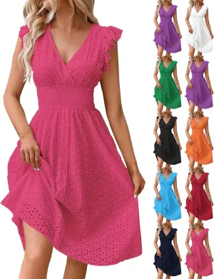 Midi Dresses for Women 2025 Wrap V Neck Lace Ruffle Sleeve Boho Dress Empire Waist Swing Flowy Beach Casual Dresses
