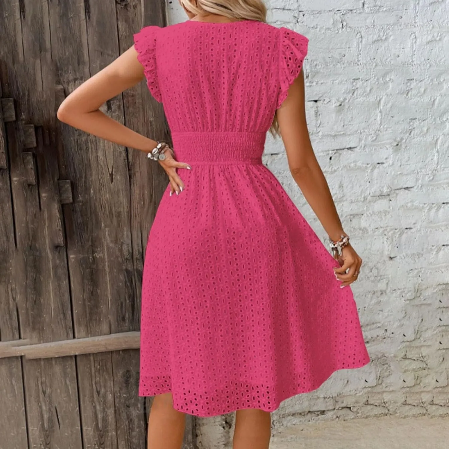 Midi Dresses for Women 2025 Wrap V Neck Lace Ruffle Sleeve Boho Dress Empire Waist Swing Flowy Beach Casual Dresses