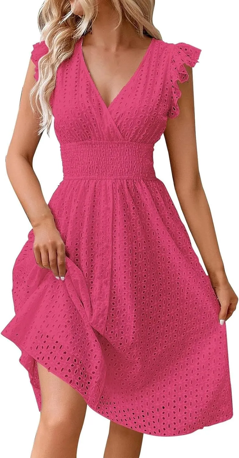 Midi Dresses for Women 2025 Wrap V Neck Lace Ruffle Sleeve Boho Dress Empire Waist Swing Flowy Beach Casual Dresses