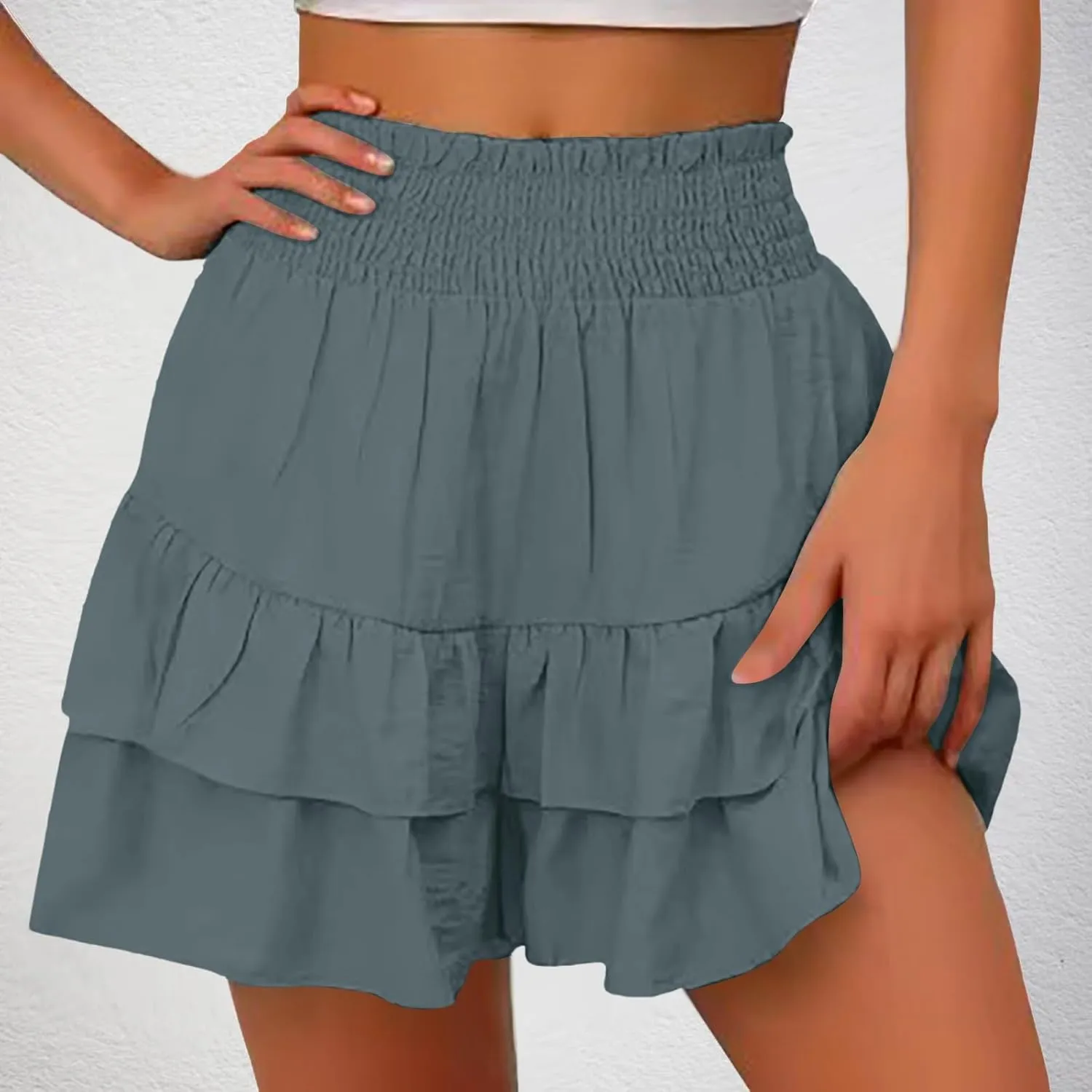 Mini Skirts for Women Summer High Waisted Ruffle Tiered Skorts Boho Flowy Linen Mini Skirts Beach Vacation Skirt