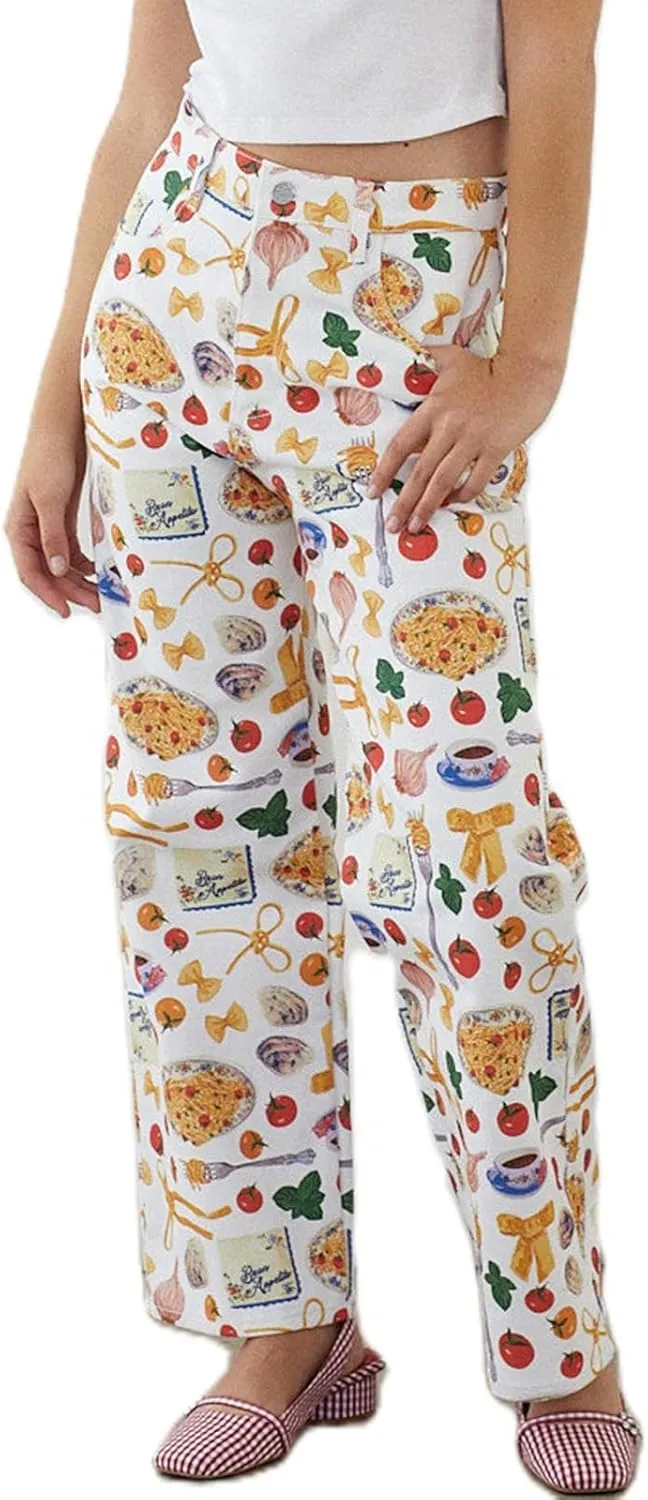 Muineobuka Women Y2k Fruit Print Jeans Graphic Print High Neck Straight Leg Denim Pants Aesthetic Jeans Summer Streetwear