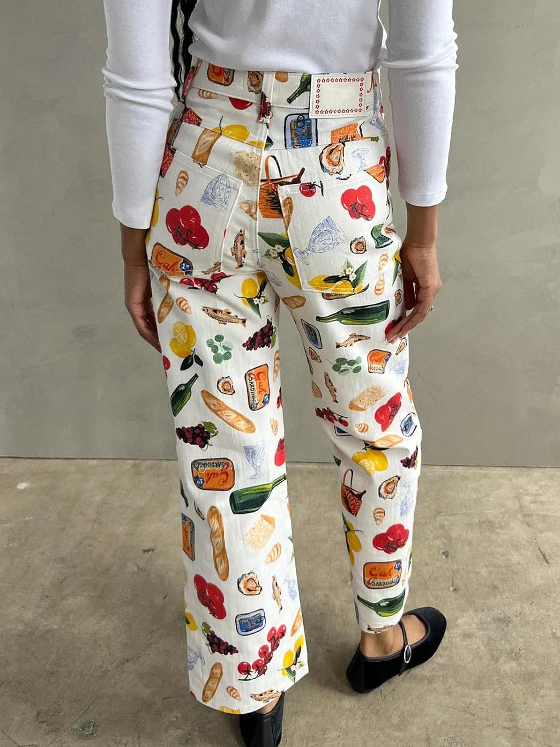 Muineobuka Women Y2k Fruit Print Jeans Graphic Print High Neck Straight Leg Denim Pants Aesthetic Jeans Summer Streetwear