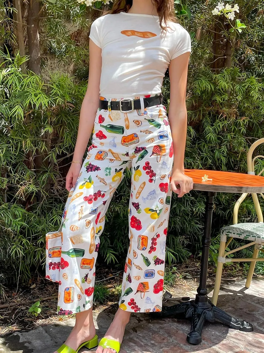 Muineobuka Women Y2k Fruit Print Jeans Graphic Print High Neck Straight Leg Denim Pants Aesthetic Jeans Summer Streetwear