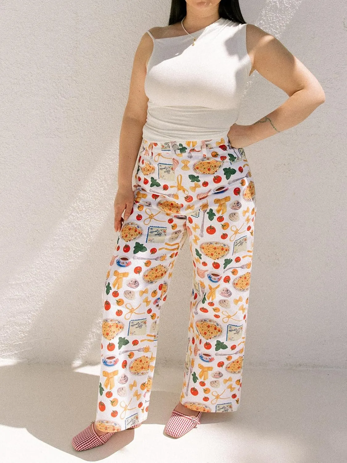 Muineobuka Women Y2k Fruit Print Jeans Graphic Print High Neck Straight Leg Denim Pants Aesthetic Jeans Summer Streetwear