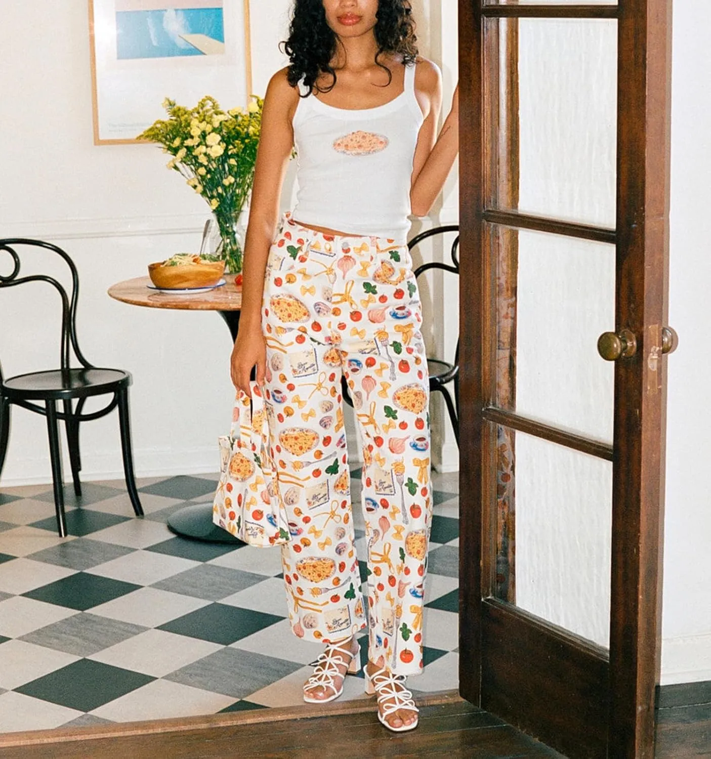 Muineobuka Women Y2k Fruit Print Jeans Graphic Print High Neck Straight Leg Denim Pants Aesthetic Jeans Summer Streetwear