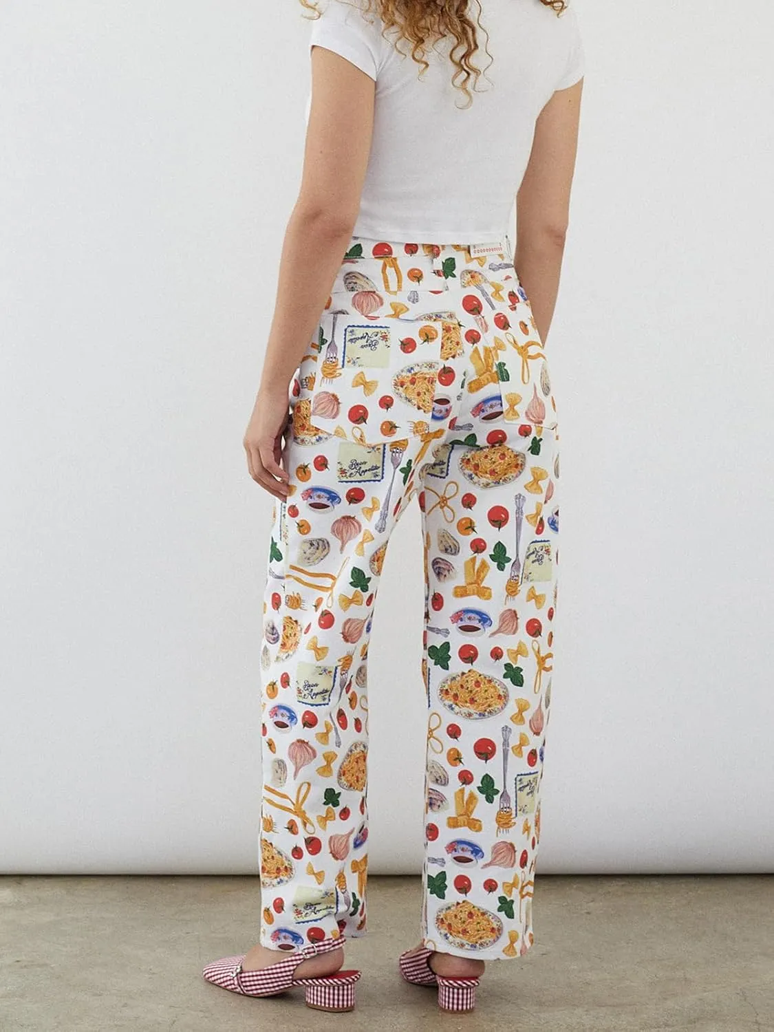 Muineobuka Women Y2k Fruit Print Jeans Graphic Print High Neck Straight Leg Denim Pants Aesthetic Jeans Summer Streetwear