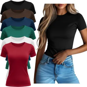 Neer 6 Pack Fitted Basic T-Shirts for Women Bulk, Tight Crewneck Short Sleeve Tops Multipack Slim Casual Summer Tees Blouse