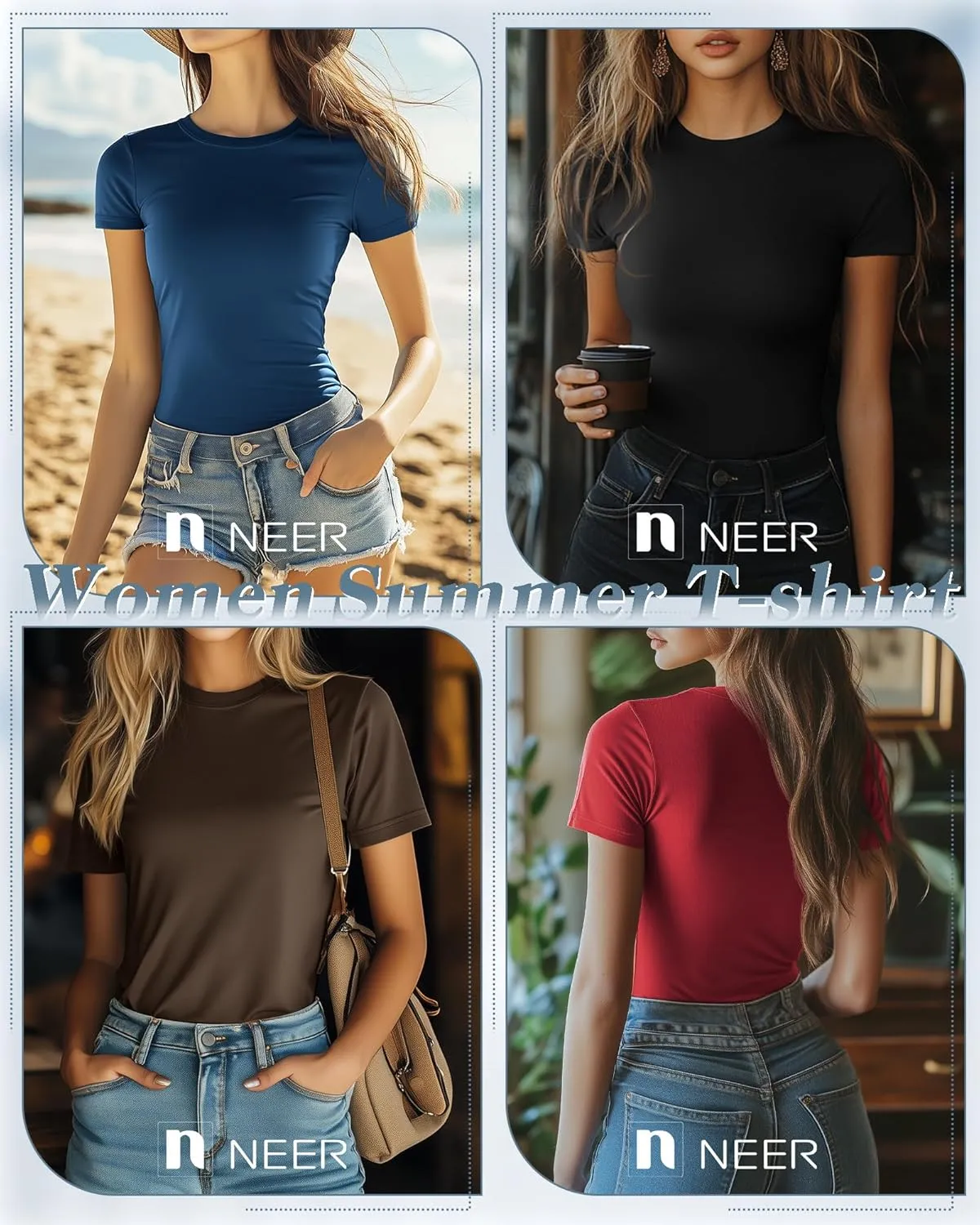 Neer 6 Pack Fitted Basic T-Shirts for Women Bulk, Tight Crewneck Short Sleeve Tops Multipack Slim Casual Summer Tees Blouse