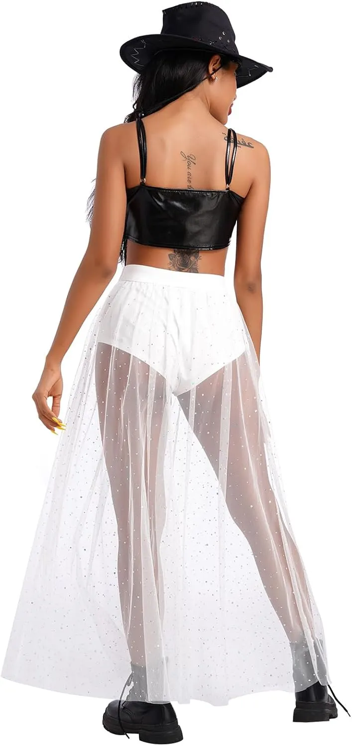 ODASDO Women's 2-in-1 Sequins Mesh Skirt with Bottom Glitter Star Transparent Beach Cover Up Disco Rave Dance Party Outfit