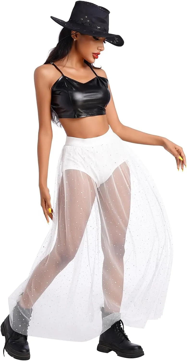 ODASDO Women's 2-in-1 Sequins Mesh Skirt with Bottom Glitter Star Transparent Beach Cover Up Disco Rave Dance Party Outfit