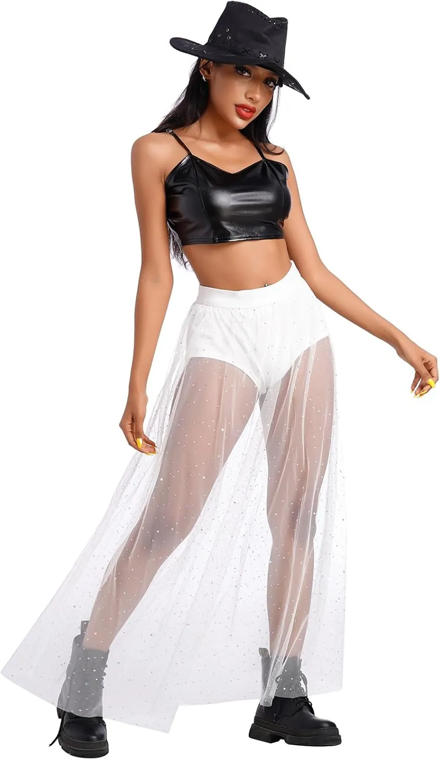 ODASDO Women's 2-in-1 Sequins Mesh Skirt with Bottom Glitter Star Transparent Beach Cover Up Disco Rave Dance Party Outfit