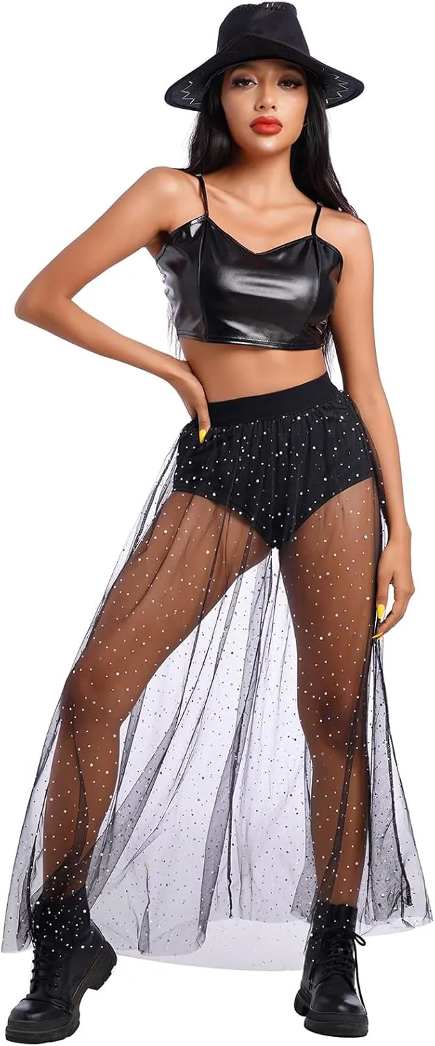ODASDO Women's 2-in-1 Sequins Mesh Skirt with Bottom Glitter Star Transparent Beach Cover Up Disco Rave Dance Party Outfit