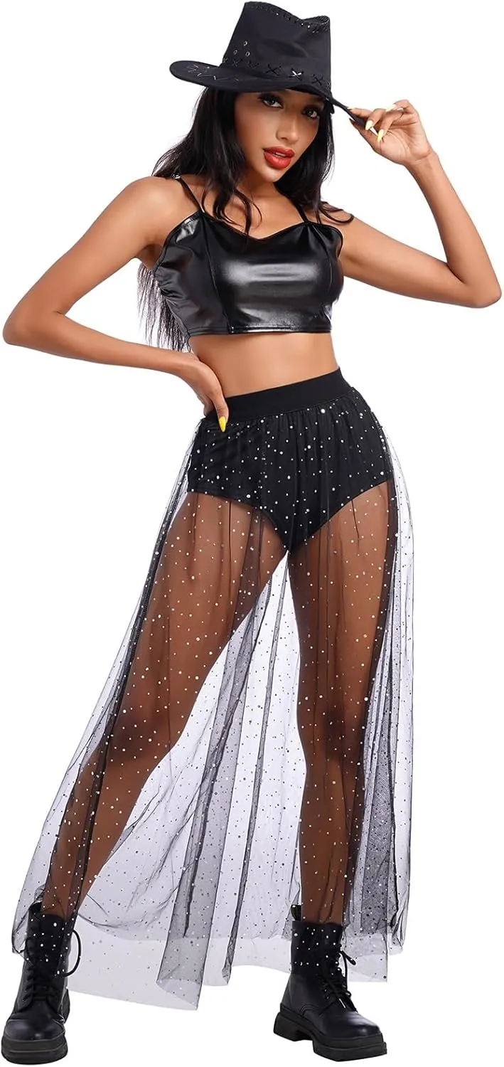 ODASDO Women's 2-in-1 Sequins Mesh Skirt with Bottom Glitter Star Transparent Beach Cover Up Disco Rave Dance Party Outfit