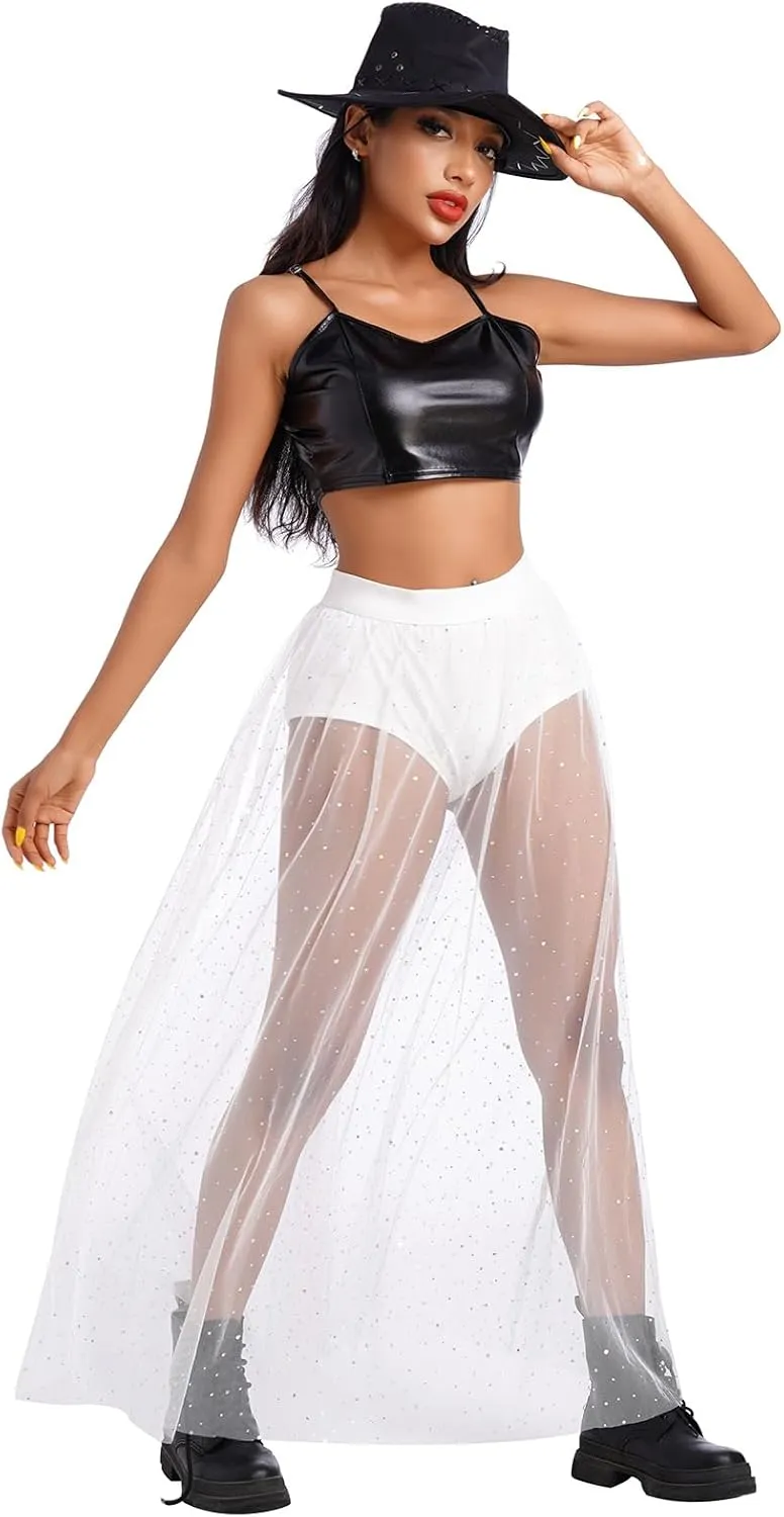 ODASDO Women's 2-in-1 Sequins Mesh Skirt with Bottom Glitter Star Transparent Beach Cover Up Disco Rave Dance Party Outfit