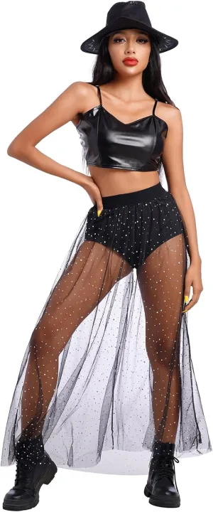 ODASDO Women's 2-in-1 Sequins Mesh Skirt with Bottom Glitter Star Transparent Beach Cover Up Disco Rave Dance Party Outfit