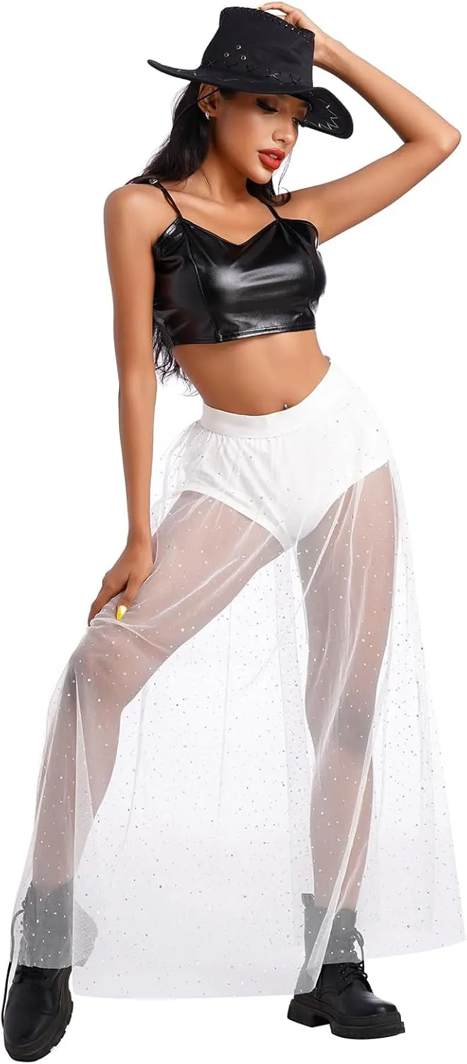 ODASDO Women's 2-in-1 Sequins Mesh Skirt with Bottom Glitter Star Transparent Beach Cover Up Disco Rave Dance Party Outfit