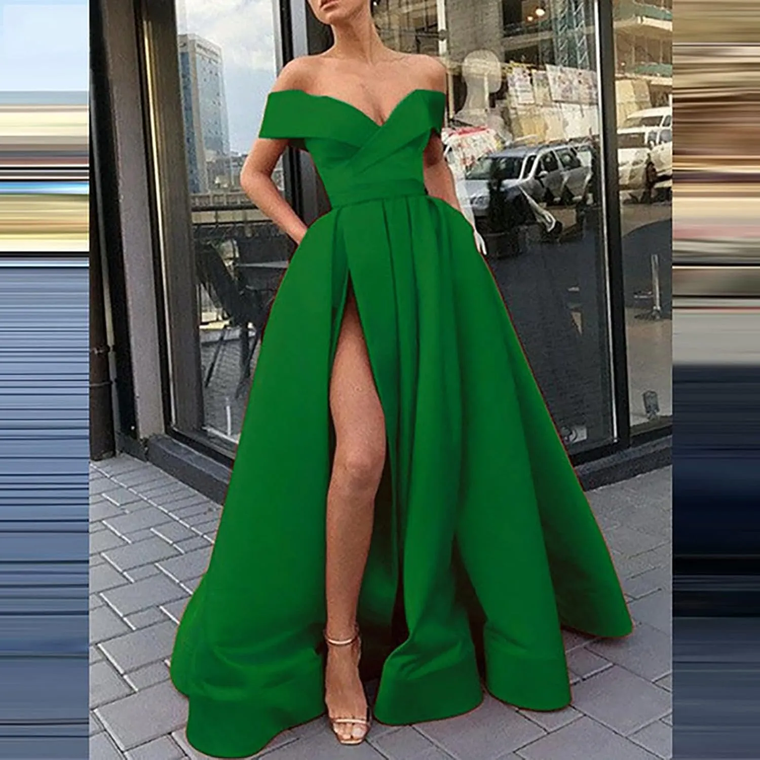 Off Shoulder Long Slit Prom Dresses for Women A-Line Backless Satin Formal Evening Party Gown with Pockets