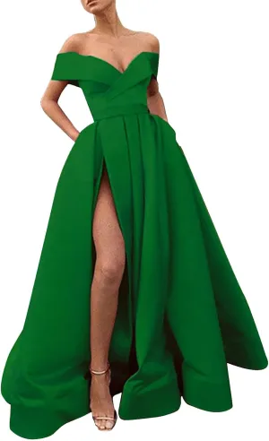 Off Shoulder Long Slit Prom Dresses for Women A-Line Backless Satin Formal Evening Party Gown with Pockets