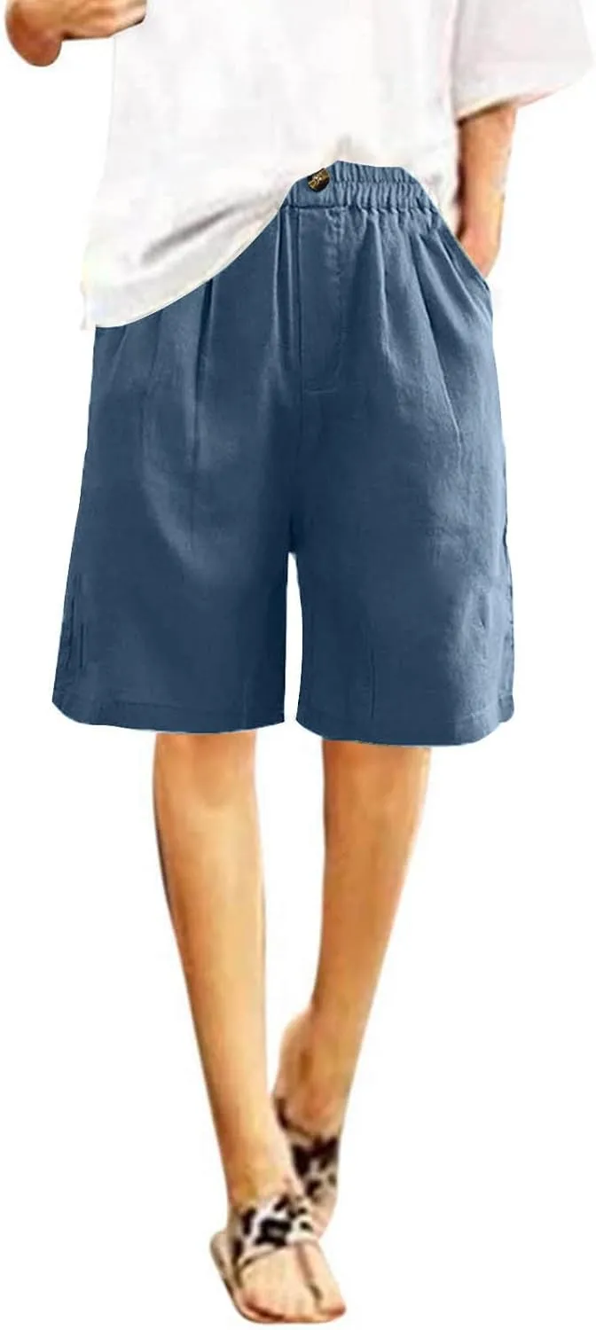 oiangi Linen Shorts for Women High Waisted Knee Length Bermuda Shorts Loose Casual Wide Leg Workout Short Pants with Pockets