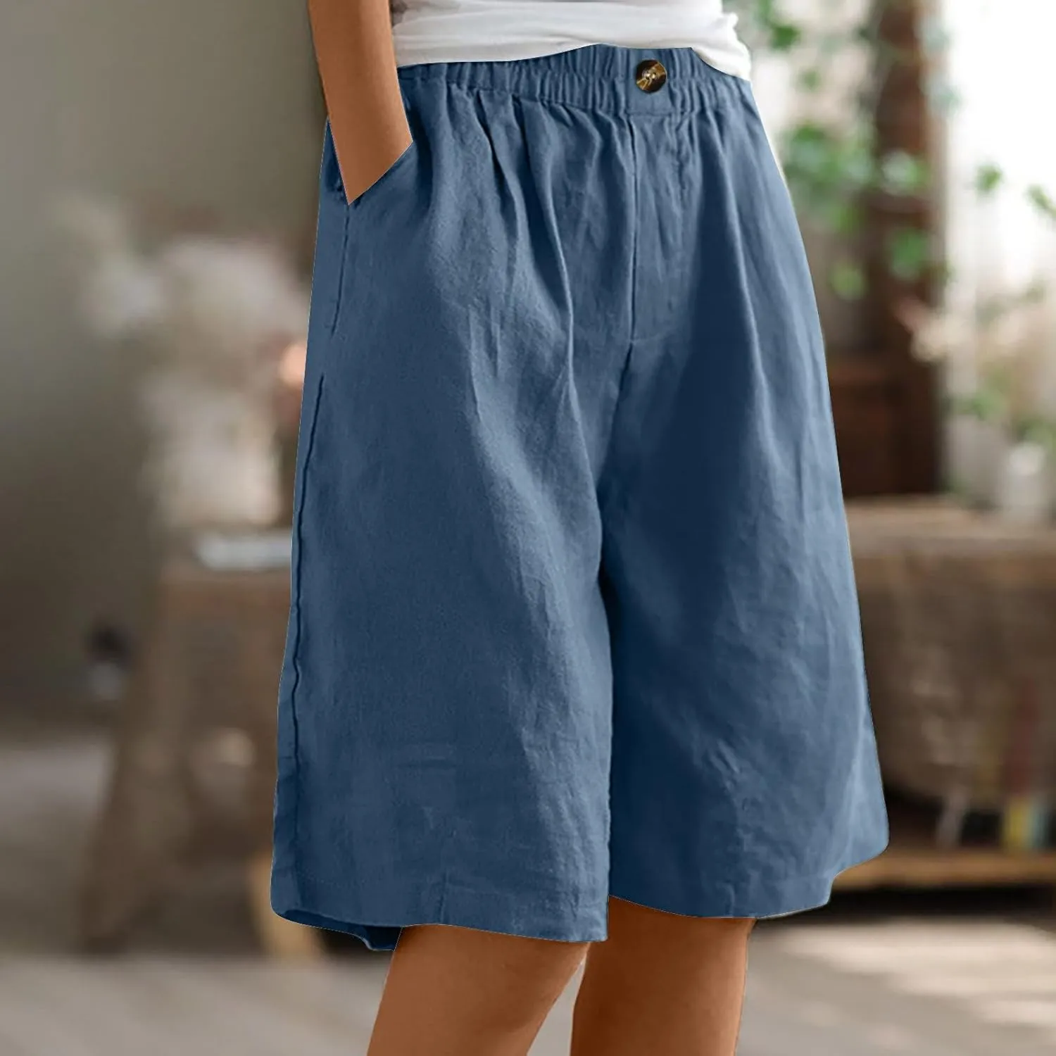 oiangi Linen Shorts for Women High Waisted Knee Length Bermuda Shorts Loose Casual Wide Leg Workout Short Pants with Pockets