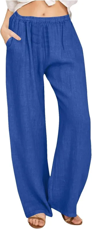 Palazzo Pants for Women Dressy Casual Loose Fit Linen Pants Summer Beach Outfits High Waisted Baggy Trousers