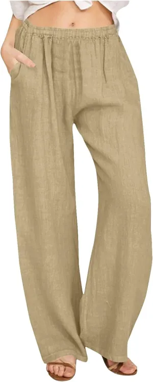 Palazzo Pants for Women Dressy Casual Loose Fit Linen Pants Summer Beach Outfits High Waisted Baggy Trousers