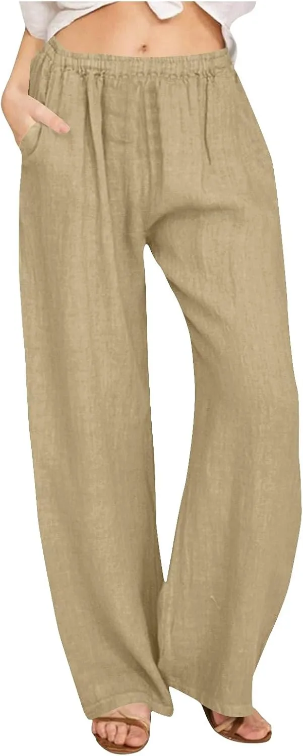 Palazzo Pants for Women Dressy Casual Loose Fit Linen Pants Summer Beach Outfits High Waisted Baggy Trousers