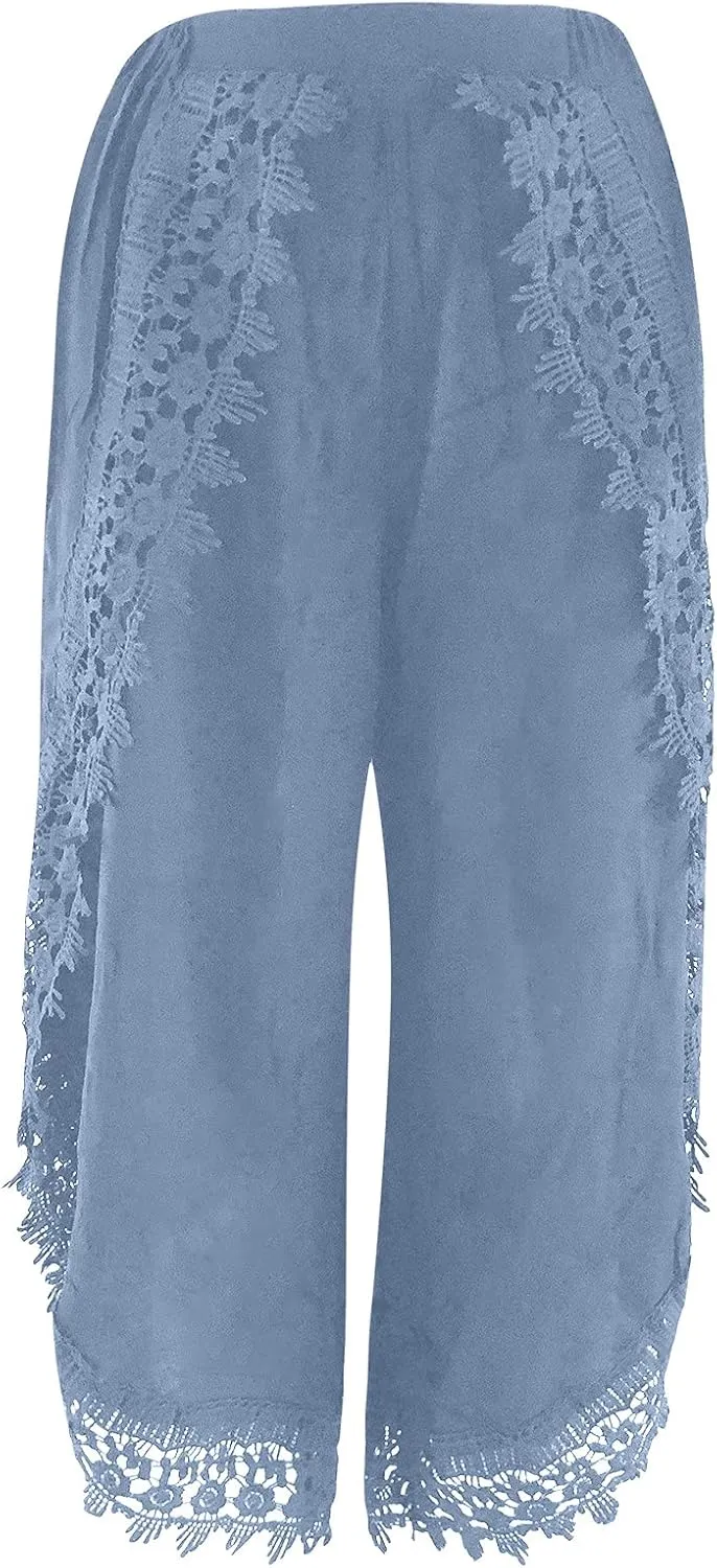 Palazzo Pants Women High Waist Wide Leg Boho Harem Yoga Pants Summer Irregular Lace Hippie Culottes Cropped Trousers