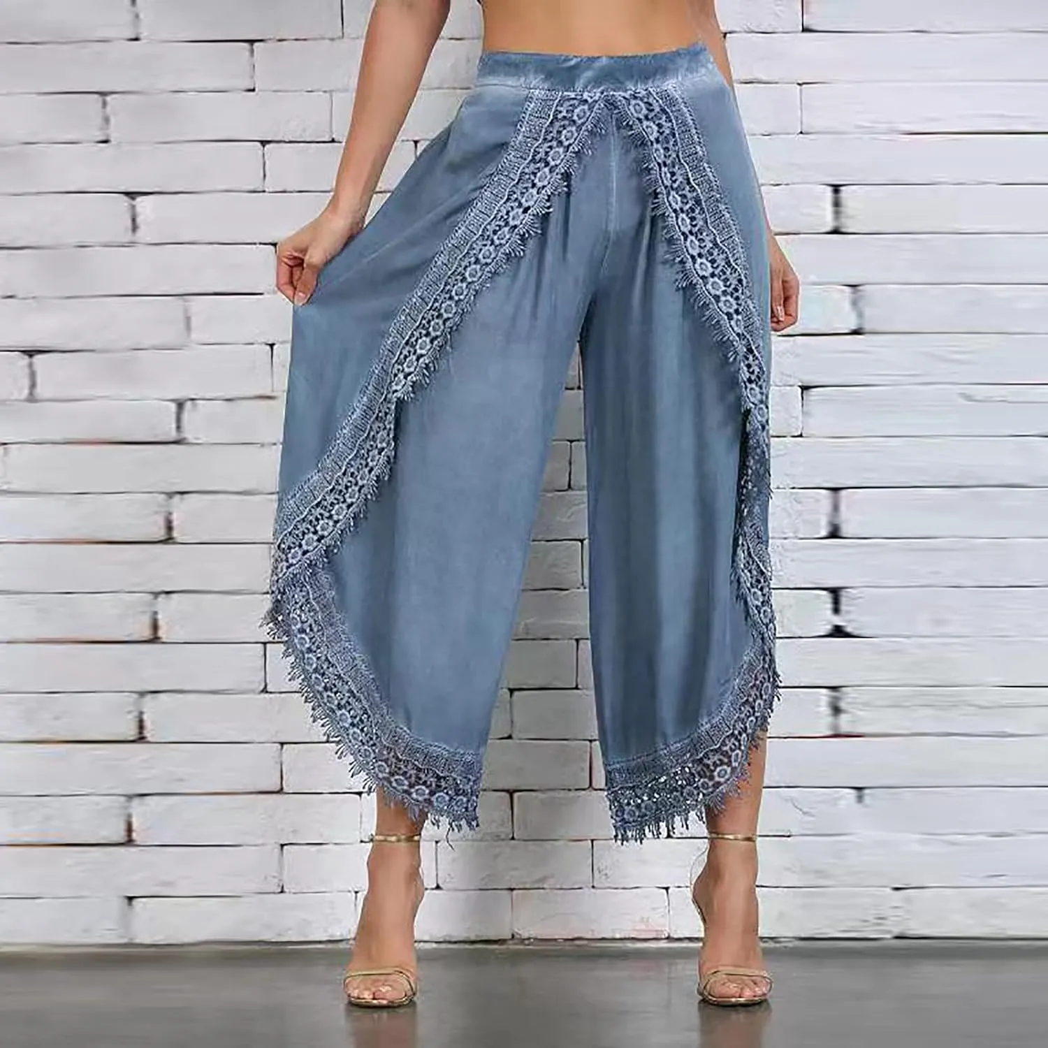 Palazzo Pants Women High Waist Wide Leg Boho Harem Yoga Pants Summer Irregular Lace Hippie Culottes Cropped Trousers