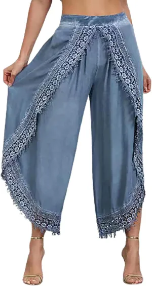 Palazzo Pants Women High Waist Wide Leg Boho Harem Yoga Pants Summer Irregular Lace Hippie Culottes Cropped Trousers