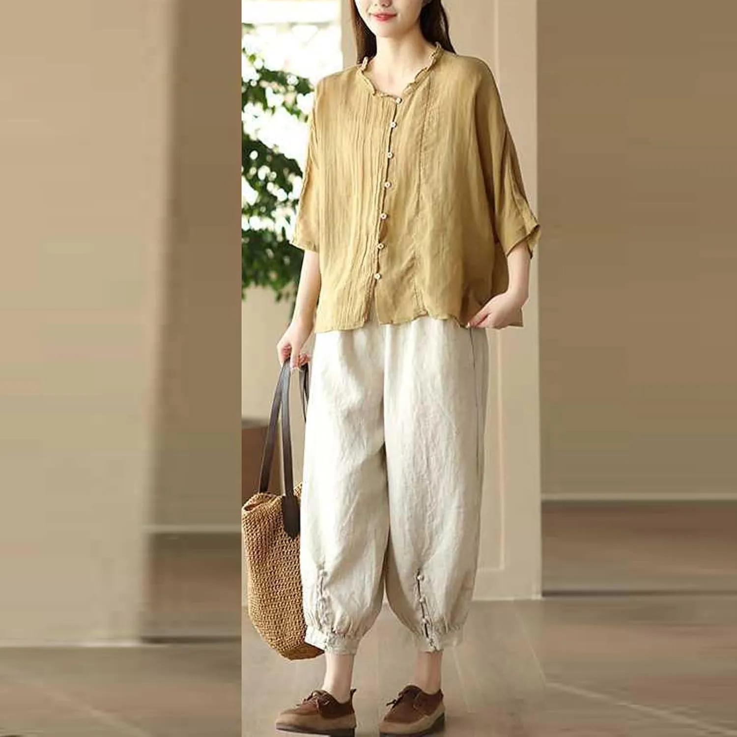 Pants for Women, Casual Pants Women's Peasant Straight Leg Linen Plaid Loose