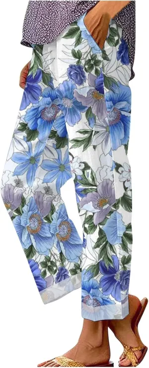 Pants for Women Casual Summer Drawstring Lightweight Elastic High Waist Linen Pants Straight Wide Leg Capris