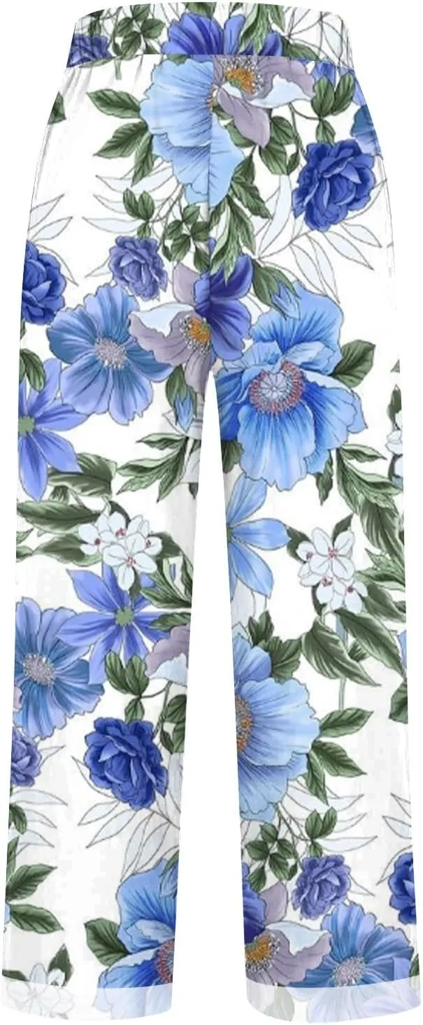 Pants for Women Casual Summer Drawstring Lightweight Elastic High Waist Linen Pants Straight Wide Leg Capris