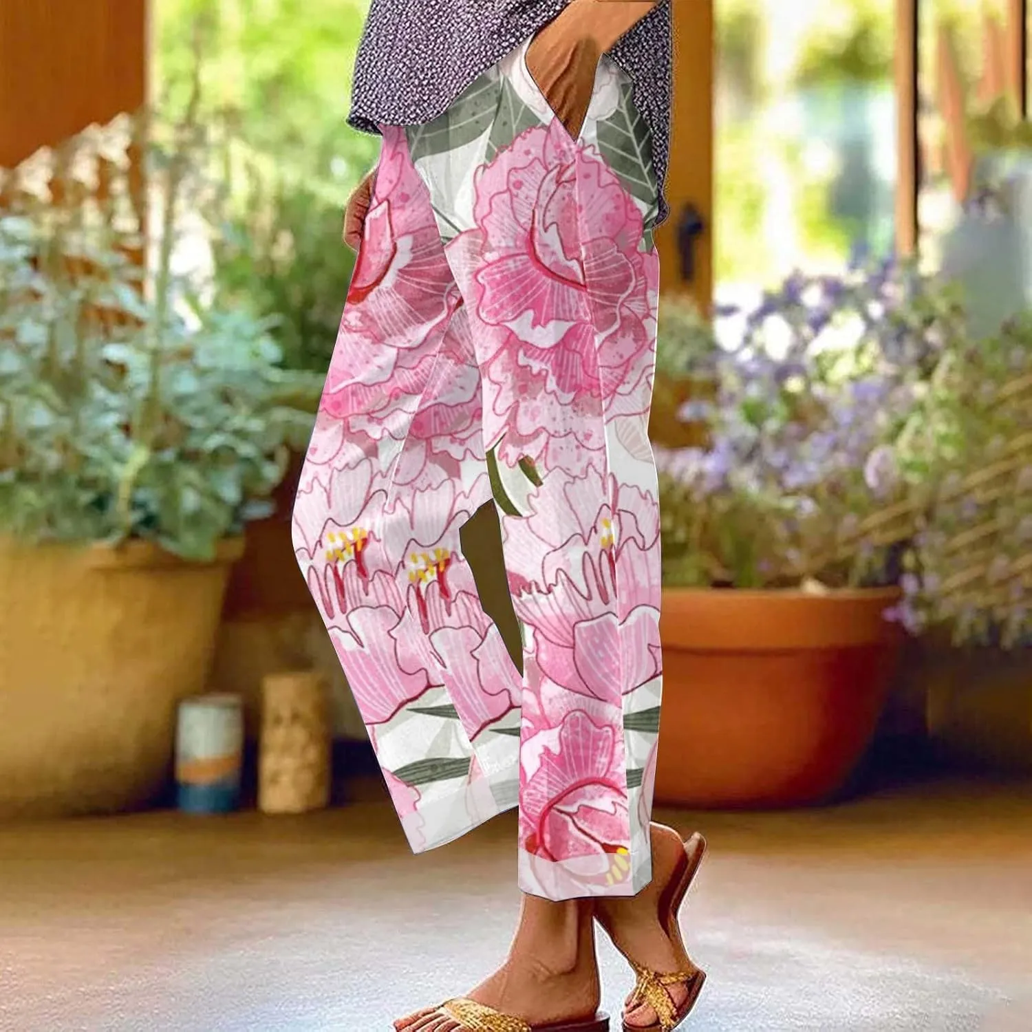 Pants for Women Casual Summer Drawstring Lightweight Elastic High Waist Linen Pants Straight Wide Leg Capris