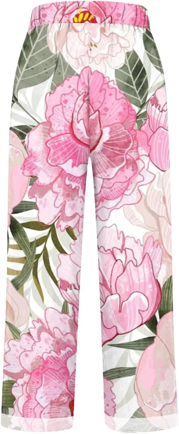 Pants for Women Casual Summer Drawstring Lightweight Elastic High Waist Linen Pants Straight Wide Leg Capris
