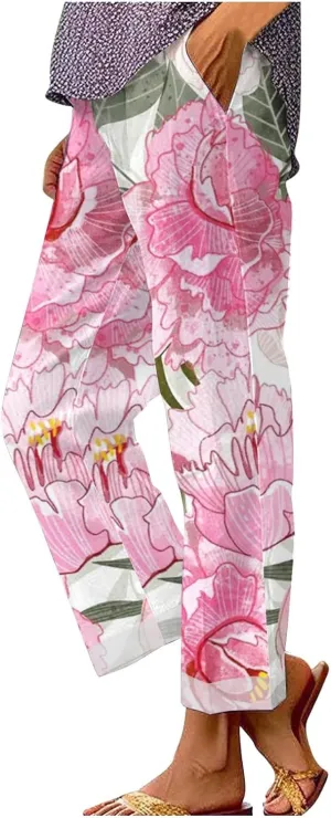 Pants for Women Casual Summer Drawstring Lightweight Elastic High Waist Linen Pants Straight Wide Leg Capris