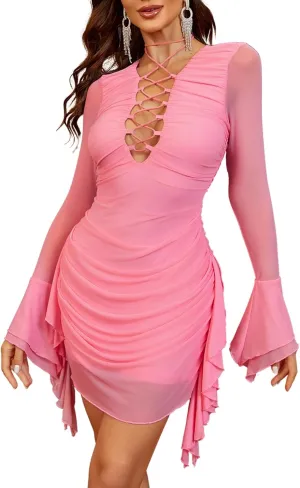 Parthea Women's Sexy Beige Long Sleeve Dress V Neck Front Crisscross Ruched Mesh Homecoming Party Mini Dresses