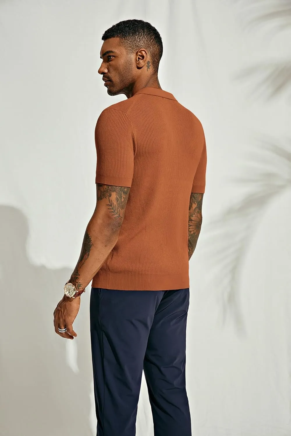 PJ PAUL JONES Mens Polo Shirts Short Sleeve Casual V Neck Ribbed Textured Knit Polo Shirt