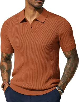 PJ PAUL JONES Mens Polo Shirts Short Sleeve Casual V Neck Ribbed Textured Knit Polo Shirt
