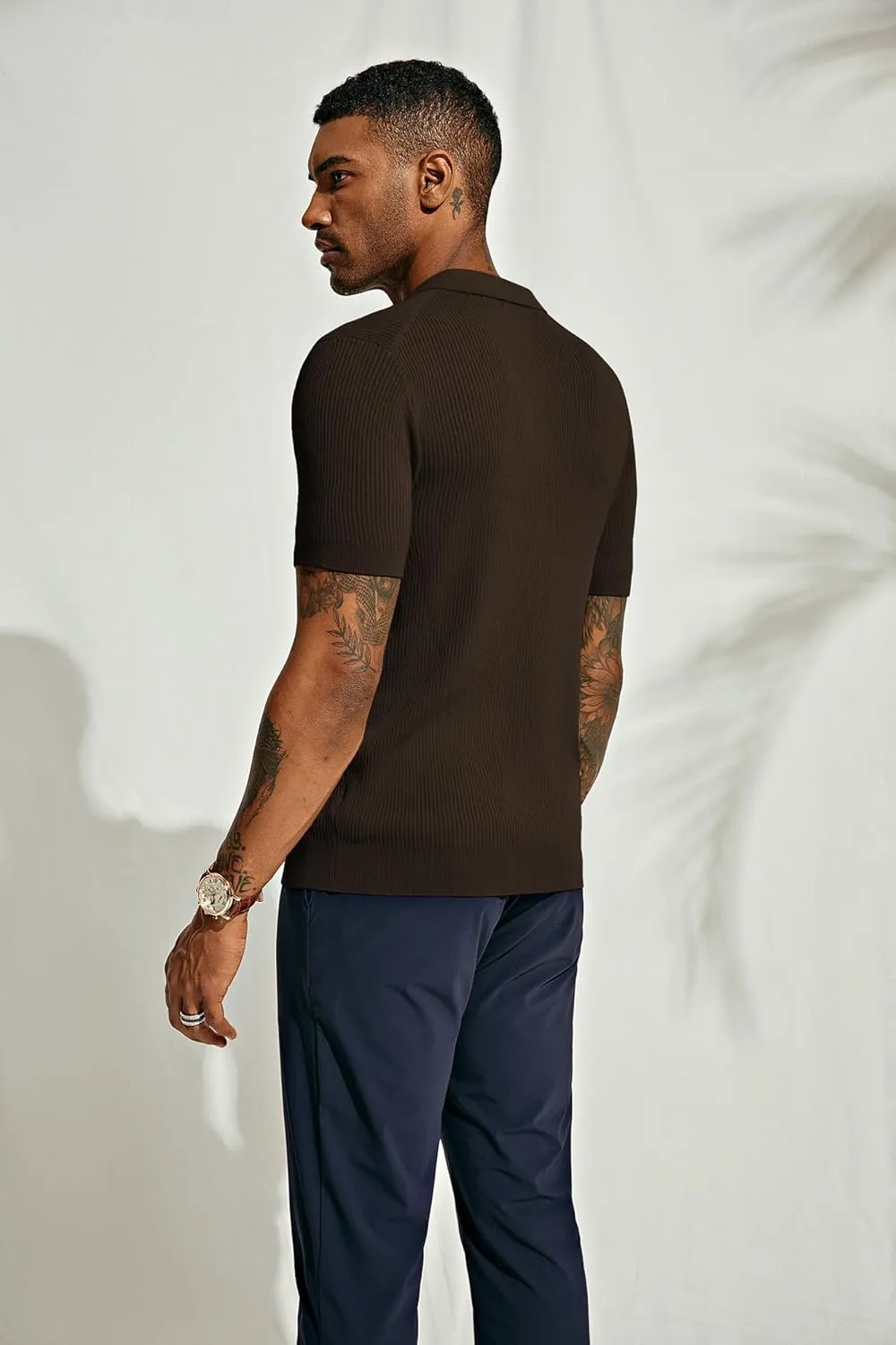 PJ PAUL JONES Mens Polo Shirts Short Sleeve Casual V Neck Ribbed Textured Knit Polo Shirt