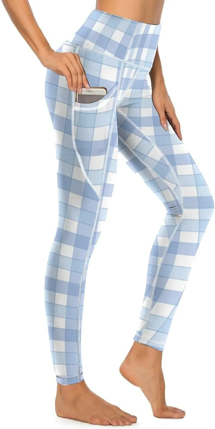 Plaid Women Leggings High Waist Yoga Pants with Pockets for Women Tummy Control Workout Trousers
