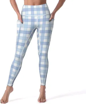 Plaid Women Leggings High Waist Yoga Pants with Pockets for Women Tummy Control Workout Trousers