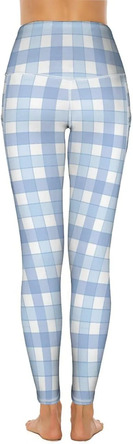 Plaid Women Leggings High Waist Yoga Pants with Pockets for Women Tummy Control Workout Trousers
