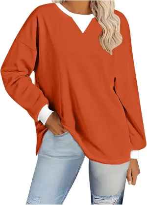 Plus Size Tops for Women Casual Long Sleeve Hoodie Round Neck Color Block Sweatshirts Daily Trendy Pullover Top